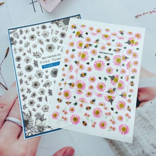 Fashion New Arrival Hot Selling Dry Back Adhesive Glue Nail Stickers Black & Pink Sunflowers Fingenail Decal Manicure Hand Decor