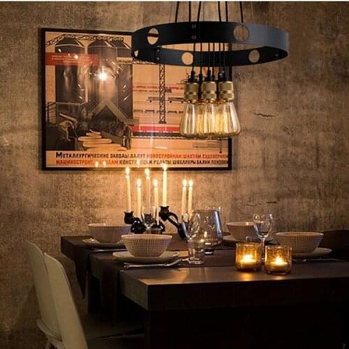 Industrial wind vintage wrought iron chandelier round lamp cafe bar restaurant dining room clubhouse warehouse wine cellar chand