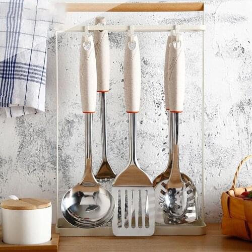 Wheat Straw + High Quality Stainless Steel Kitchen Cookware 5pcs/set Heat-resistant Design Spatula Shovel Soup Spoon Set