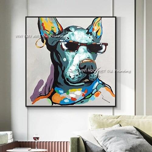 Hand Painted Cartoon Animal Modern Pet Dog with Dark Glasses Abstract Cool Dog Art Oil Painting for Kids Room Decoration