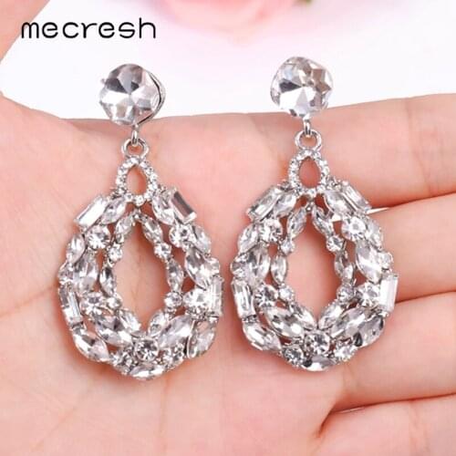 Mecresh Silver Color Crystal Hanging Earrings Rhinestone Wedding Pendant Dangle Drop Earrings for Women Bride 2020 EH1789