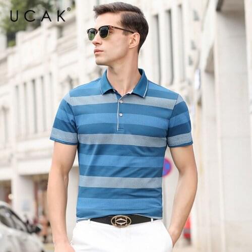 UCAK Brand Streetwear Short Sleeve Striped T-Shirts Men Clothing Summer New Tops Turn-Down Collar Casual T Shirt Homme U5409