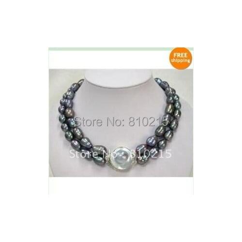 Pearl Necklace 2Rows Black Color Rice Pearl Necklace 18''-19''inchs Mobe Clasp AA 10-11MM Fashion Jewelry New Free Shipping NF59