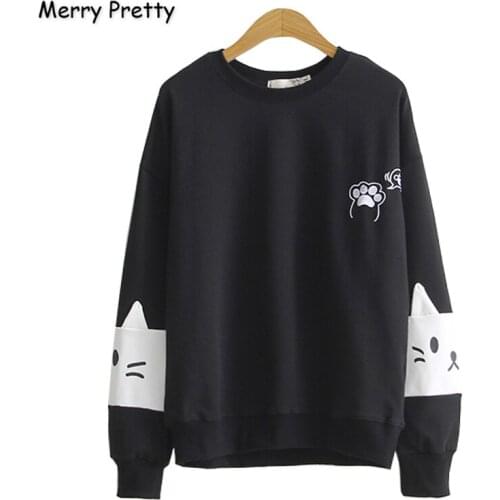 Merry Pretty Cotton Womens Cartoon Cat Print Harajuk Hoodies Sweatshirts 2020 Winter Long Sleeve Hooded Tracksuit Cute Pullover