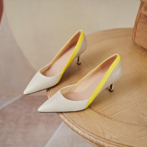Osunlina 2021 New Fashion Pumps Mixed Color Pointed Toe 6cm Thin High Heels Kid Suede Handmade Shallow Elegant Office Lady Shoes