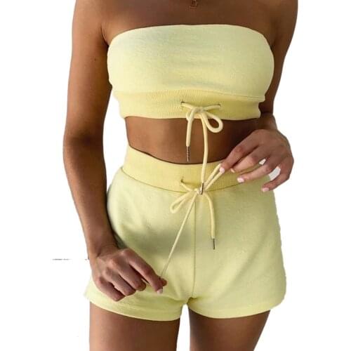 Women Two Piece Sets Bandeau Strapless Top Shorts Sportwear Tracksuits Fitness Clothes Plus Size