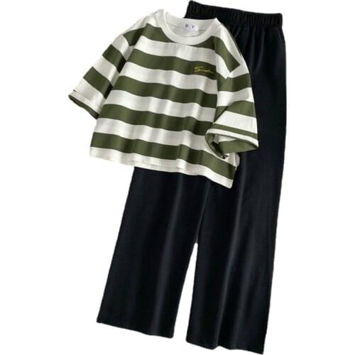 Women Sets Chic Striped Summer Leisure Femme Outfits Korean Trendy Soft Crop Top Basic Black High Waist Wide-leg Womens Trousers