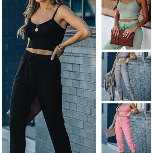 Women Summer Sling Vest Sportswear Set Casual Fashion Short Top Drawstring Trousers Activewear Fashion Sleeveless Workout Outfit