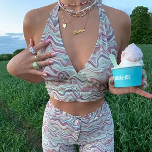 Y2K Aesthetic Women Halter Bandage Top Summer Paisley Print V Neck Backless Cropped Female Sleeveless Sexy Mini Vest Streetwear