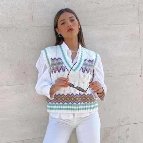 Ardm Fashion Geometry Jacquard Sweater Vest Women With Ribbed Trims Pullover Twist Za Pull Sans Manches Femme V Neck Vintage Top