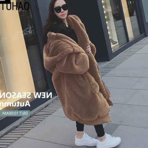 TUHAO High Quality Faux Rabbit Fur Long Coat Women Winter Thicken Warm Lapel Solid Coats Female Overcoat Hoodies Outerwear