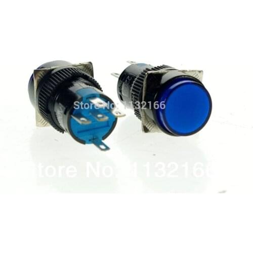 10pcs 6V/12V/24V/110V/220V For Choose Pilot Light Lamp 16mm Hole Blue 1NO 1NC Contact 5 Pin SPST Momentary Push Button Switch