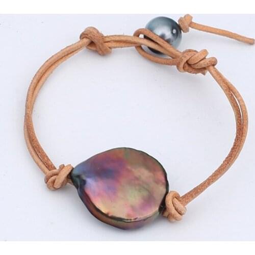 20mm large white peacock freshwater cultured real pearl beaded women genuine leather bracelet hot sell female trendy