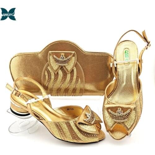 2021 Italian Design New Arrival Summer Low Heels Fashion Style Nigeiran Party Wedding Women Shoes and Bag Set in Gold Color