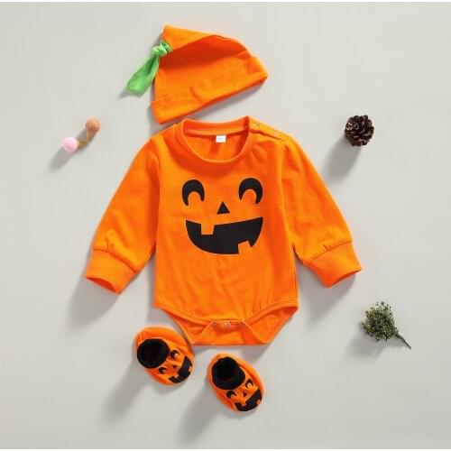 3Pcs Halloween Newborn Baby Pumpkin Print Long Sleeve Romper + Hat + Socks Outfits Baby Boys Girls Clothes Sets