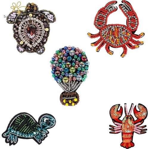 Sea Fishes Turtle Crab Lobster Craft Badges Bead Crystal Sequin Patches Decorative Applique 5 pieces