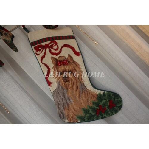 Free Shipping Christmas Needlepoint Socks Hand knotted Christmas Stocking Sock Cute Dogs Design Stocking Socks 28X43CM