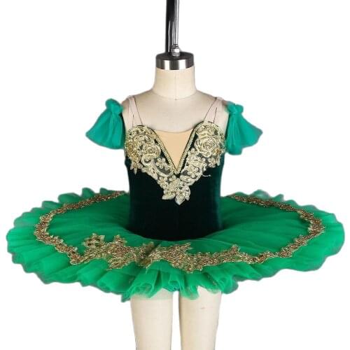 All For Dance Green Velvet With Gold Trim Green Tulle Pre-professional Pancake Ballet Tutu For Ballerina Performance Dance Wear
