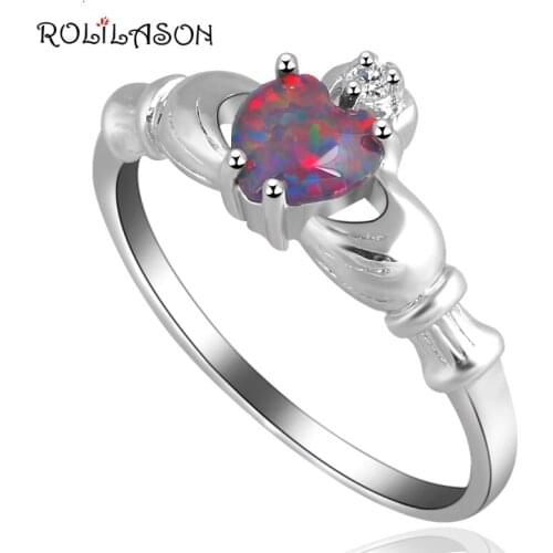 ROLILASON brand stamp silver plated jewelry Orange Fire Opal wedding heart Rings for women USA SZ#7#9 OR566