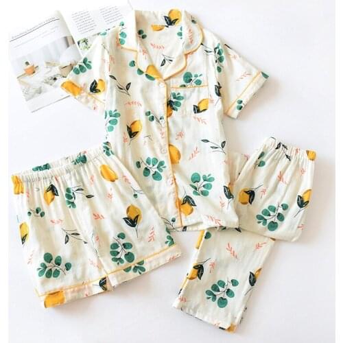 Fdfklak Hot Sale 3Pieces Sleep Suit Summer Women Pijama Short Sleeves Cotton Print Home Service Suit Woman Sleepwear Pyjamas