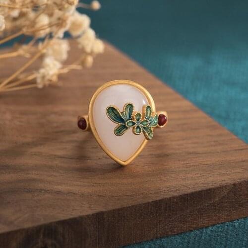Chinese Style Women Finger Rings Cloisonne Chalcedony Women Girl Gold Color Jade Metal Finger Ring Trendy Jewelry