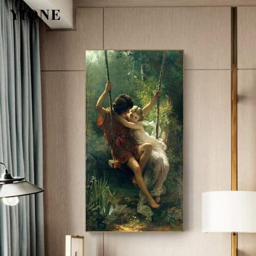 Springtime Oil Painting Famous Art Prints Classic Lover Couples Swing Forest Canvas Poster Wall Picture for Living Room Decor