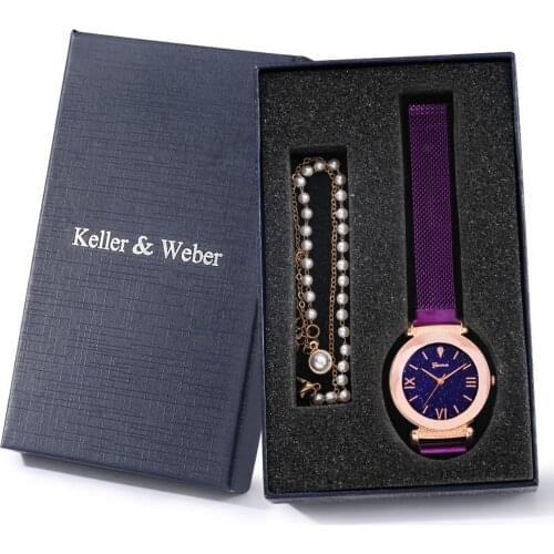 Women Noble Purple Watch Set Bracelet Stainless Steel Mesh Strap Magnetic Button Girl Pearl Bracelets Birthday Gift for Daughter