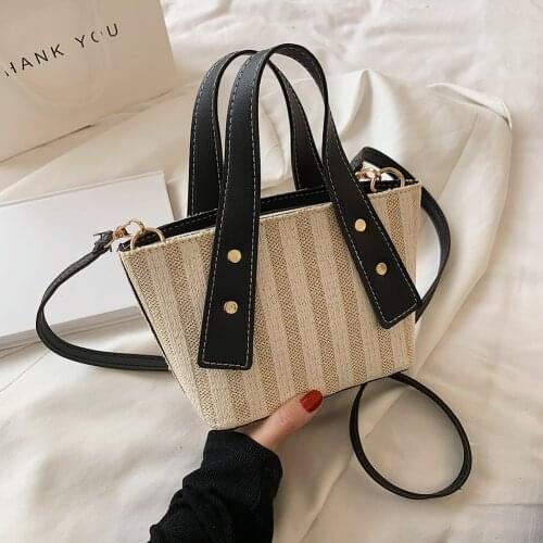 Fashion Women Straw Woven Stripe Printing PU Leather Patchwork Shoulder Crossbody Messenger Bag Casual Ladies Summer Beach bag
