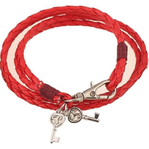 Fashion Women Keys Charm Braided Leather Bracelet Buckle Cuff Multi-Layer Handmade Wrap Bangle Lovers Wristbands Casual Jewelry