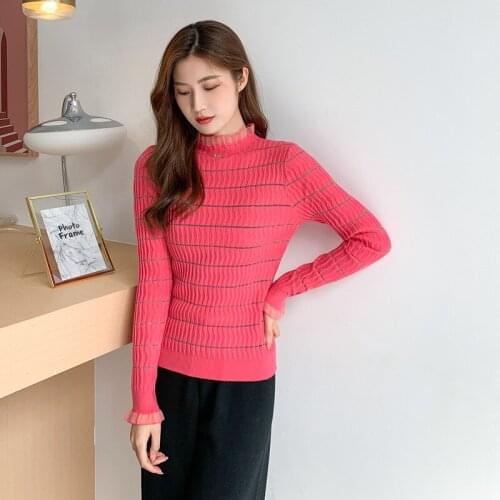 Autumn/winter New Style Half-high Neck Long-sleeved Sweater Ladies Slim Bottoming Shirt Net Yarn Fungus Top KK914