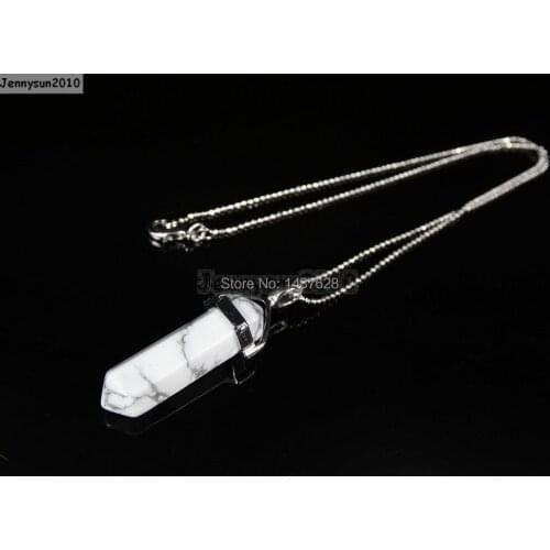 Natural White Tur-quoise Gems Stones Hexagonal Pointed Healing Reiki Chakra Pendant Beads Silver 17'' Chain Necklace 5 Sets/Pack