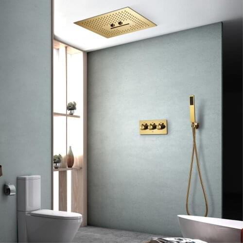 Luxury Ti-PVD Gold Color Shower Systems Rainfall Showerheads Ceiling Mounted Bathroom Shower Hot Cold Valve Brass