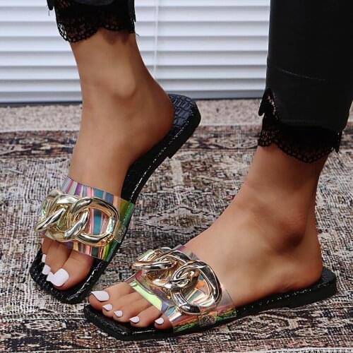 Women Shoes Summer New Chain Decoration Square Heel Sandals Light Comfortable Outdoor Beach Slippers 2021 Flat Slides Plus Size