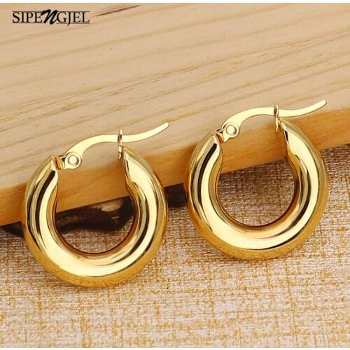SIPENGJEL Stainless Steel Round Smooth Thick Circle Hoop Earrings For Women Personality Metal Punk Geometric Earrings Jewelry