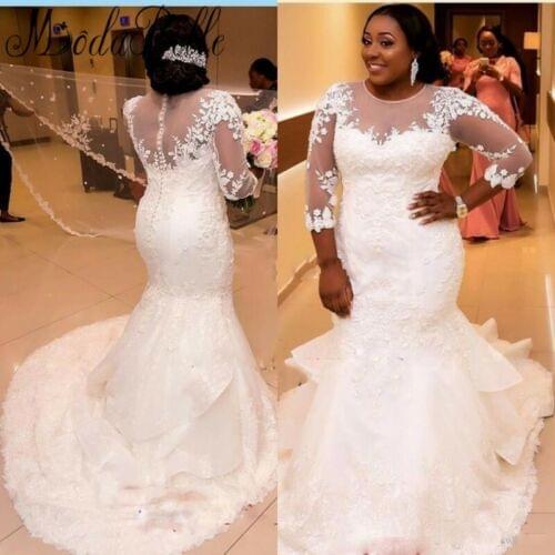 African Bridal Gowns White Lace Mermaid Long Sleeves Wedding Dresses Plus Size Tiered Custom 2020