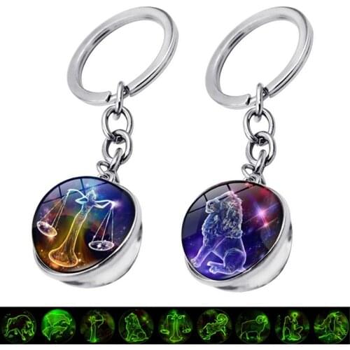 12 Constellation Luminous Keychain Zodiac Sign Double Sided Glass Ball Pendant Crystal Key Chain Holder Men Women Birthday Gift