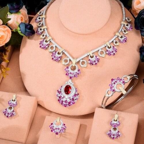 KellyBola Jewelry Africa Luxury Zircon Necklace Bracelet Earring Ring Jewelry 4PCS Set Bride Engagement Wedding Anniversary 2021