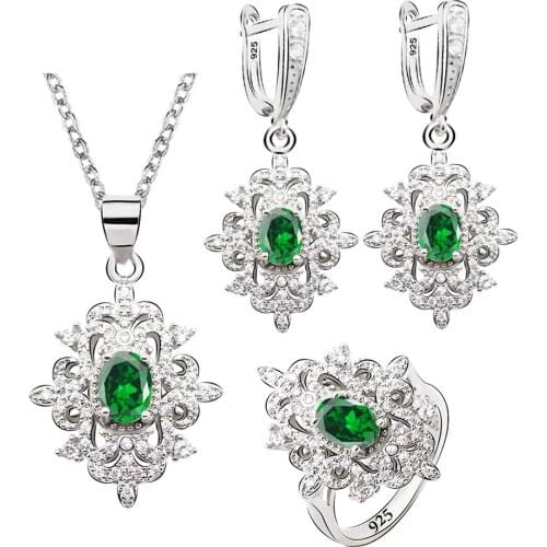 Green Emerald 925 Silver Jewelry Set for Women Wedding Birthday Gift Earrings Necklace pendant Ring 4 Colors Available