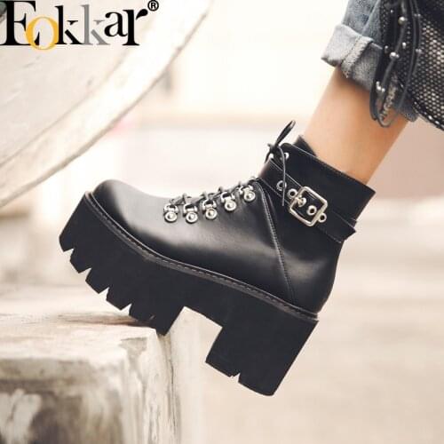 EOKKAR Gothic Ankle Boots for Women Black Punk Boots Platform Chunky Heel Combat Boots Lace Up Ankle Boots Ladies Winter Shoes