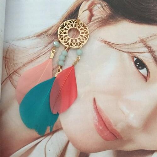 Bohemia Gold Color Plating Pink Blue Red Feather Dream Capture Drop Earrings For Women Girl Elegant Casual Chic Trendy Jewelry