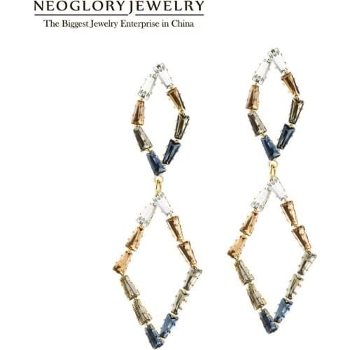 Neoglory Dangle Drop womens Earrings with Two Rhombus Cubic Zircon Classic Style Fashion Jewelry for Women With High Quality
