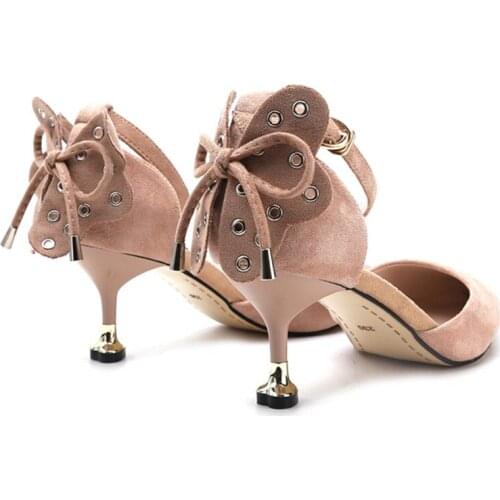 Women Suede Shoes New Cat Sandals Hollow Word Buckle With Womens Shoes Heel Bow Apricot High Heels