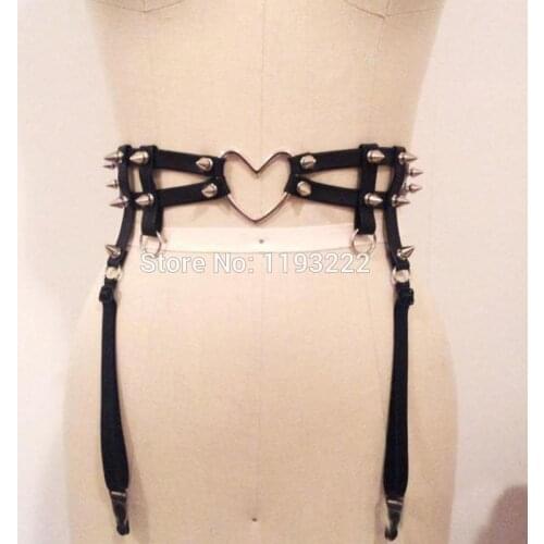 Handmade Double Row Studded Leather Sweet heart Garter Belt Fashion Leather Waist Spikes Shaper Sculpting Harness