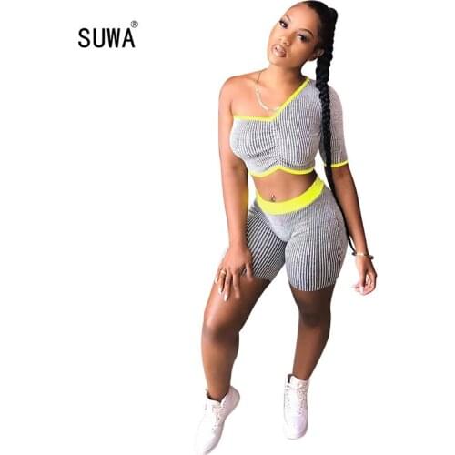 2020 Women Sets Summer Tracksuits Leisure Striped Sexy Off Shoulder Tops+Jogger Shorts Suit Two Piece Set Street Club Outfits