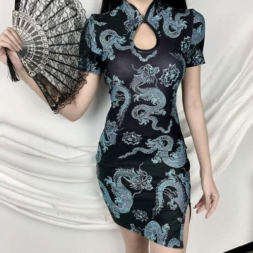 Woman Sexy Chinese Dragon Dress Cheongsam Dress Hollow Lady Qipao Mini Traditional Clothing Party Ladies Short Formal Dresses