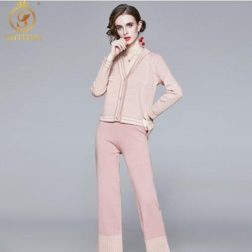 Winter Two Piece Set Women Knit Single-Breasted Houndstooth Cardigan Coat + Elastic Waist Wide Leg Pants 2020 New Fashion Suit