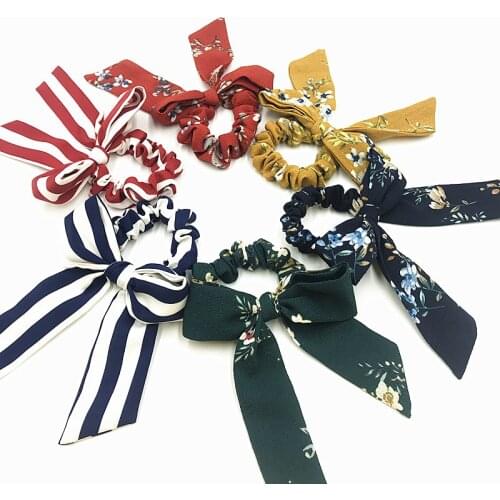 1pcs Cotton Bow Scrunchies Flower Stripe Print Elastic Hair Band Girls Ponytail Holder Women Bow Knot Hair Tie Head wear