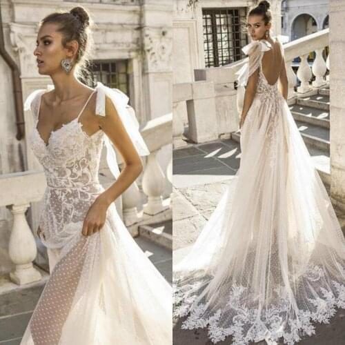 2021 Sexy Boho Wedding Dresses Spaghetti Straps Illusion Lace Backless Bridal Gowns Vestido De Novia Beach Wedding Dress Cheap