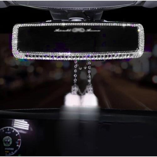 Diamond Car Interior Rearview Mirror Decoration Rhinestone Crystal Car Rear View Mirror Cover Auto Accessories for Girls Women