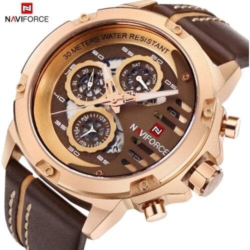 NAVIFORCE Top Luxury Brand Mens Watches Waterproof 24 hour Analog Clock Military Sport Quartz Wristwatch Genuine Leather Watches